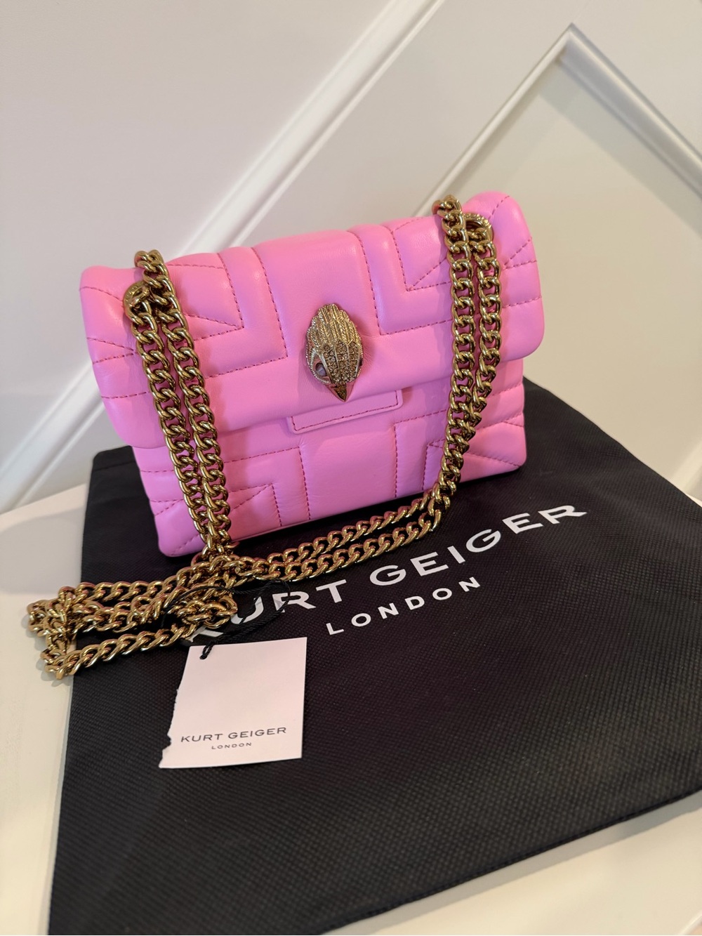 Kurt Geiger Hot Pink Quilted Shoulder Bag with Gold Chain